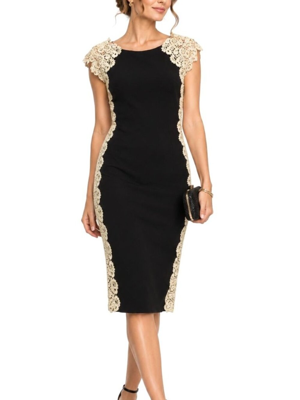 Xscape Black Pencil Dress Lace Applique Cocktail Evening Midi Sheath